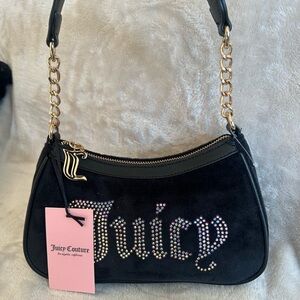 Juicy Couture Black Rhinestone Logo Shoulder Bag with Gold Chain